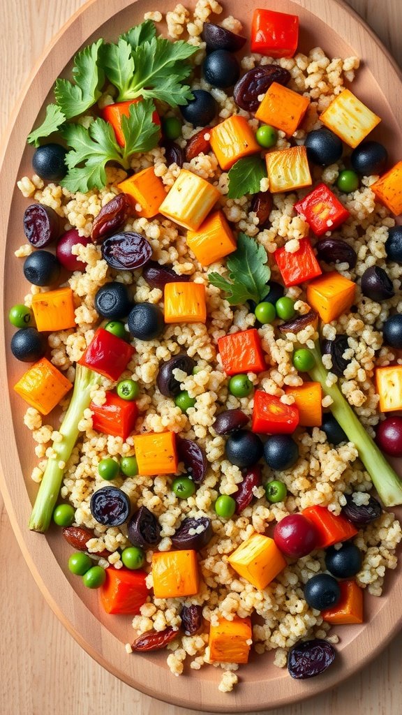 A colorful roasted vegetable quinoa salad with various vegetables and quinoa.