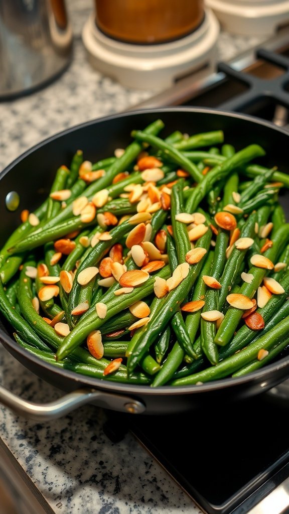 Sautéed green beans with sliced almonds in a skillet