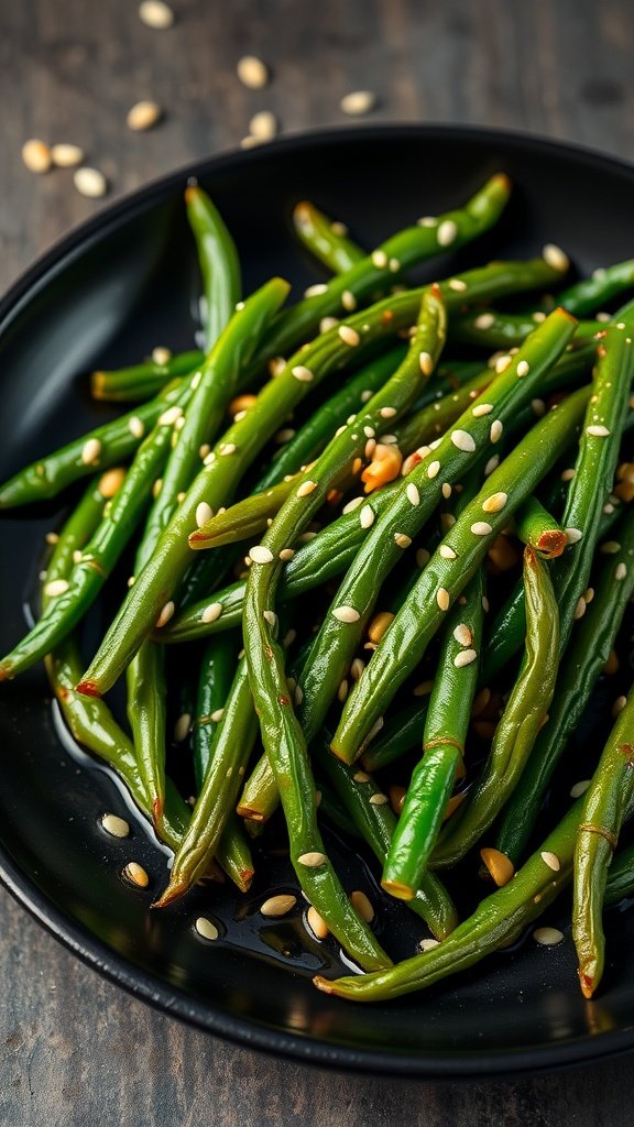 Spicy Asian Green Beans served in a black plate.