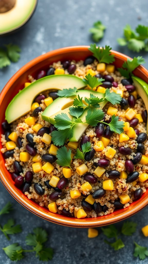 A colorful bowl of spicy black bean and quinoa salad with avocado and cilantro.