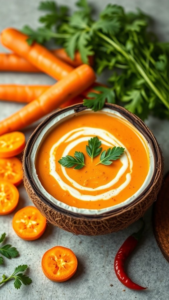 A bowl of spicy carrot coconut soup garnished with cilantro and surrounded by fresh carrots.