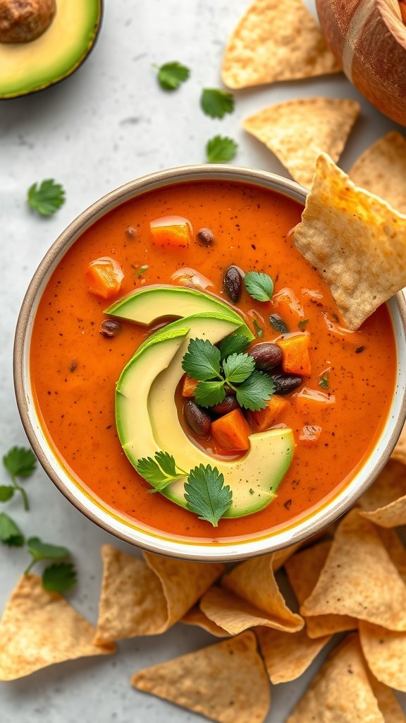 A bowl of spicy chipotle sweet potato and black bean soup with avocado slices and tortilla chips.