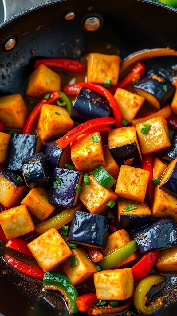 A vibrant stir-fry featuring eggplant and tofu with colorful bell peppers.