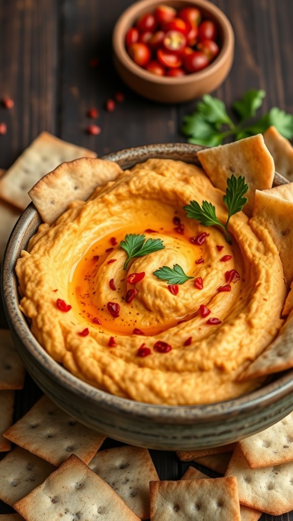 A bowl of Spicy Harissa Hummus with pita chips and garnished with parsley.