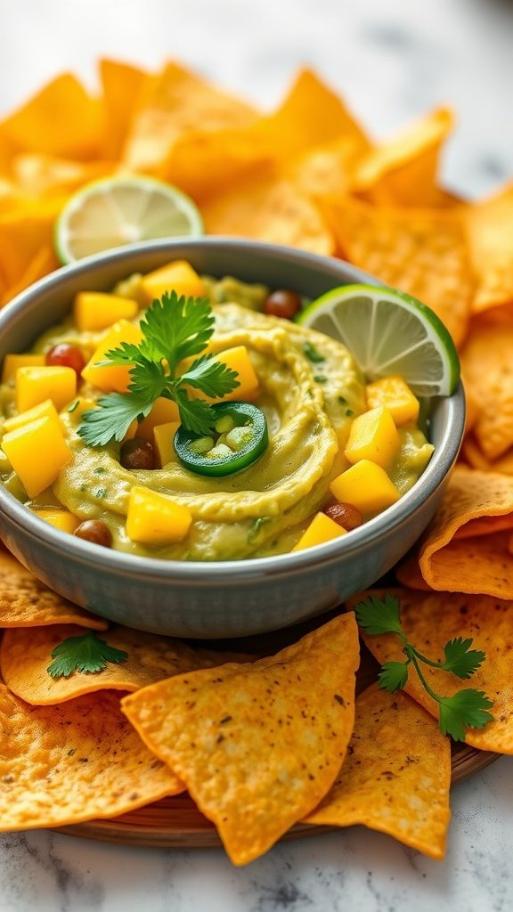 Bowl of spicy mango guacamole surrounded by tortilla chips.