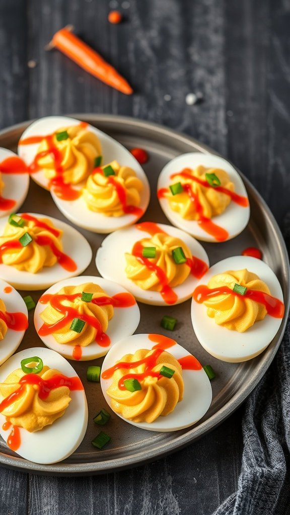 A plate of spicy Sriracha deviled eggs with green onion garnish.