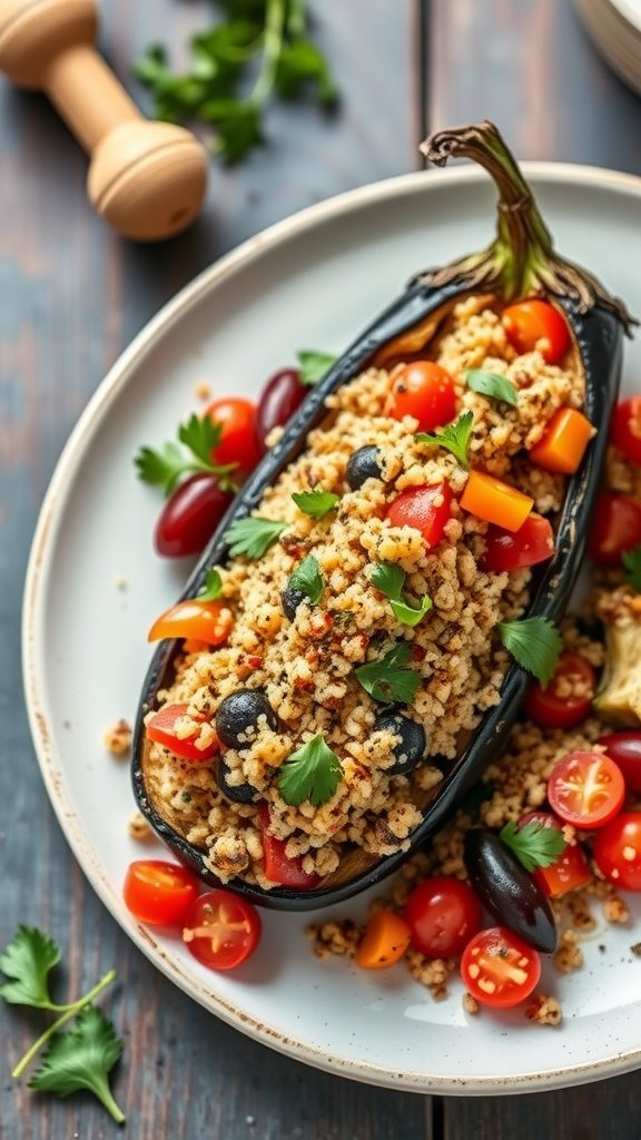 Stuffed eggplant with quinoa and vegetables on a plate