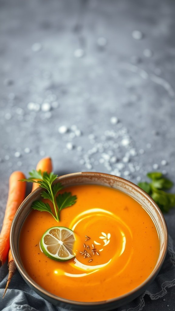 A bowl of Thai carrot soup garnished with lime and cilantro.