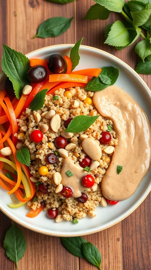 A colorful bowl of Thai Peanut Quinoa Salad with fresh vegetables and a creamy peanut dressing.