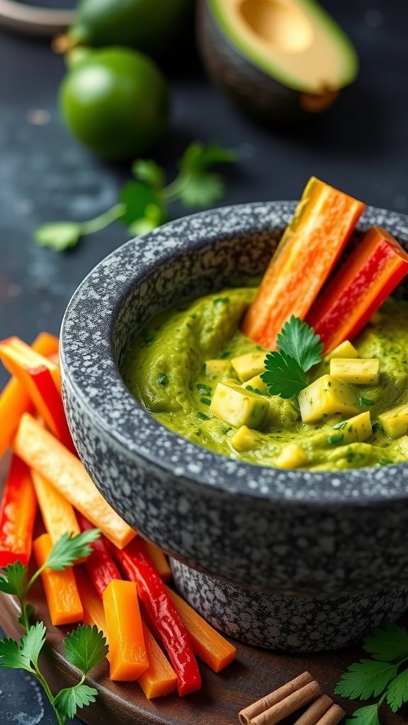 A bowl of Tomatillo and Cilantro Guacamole surrounded by colorful vegetable sticks