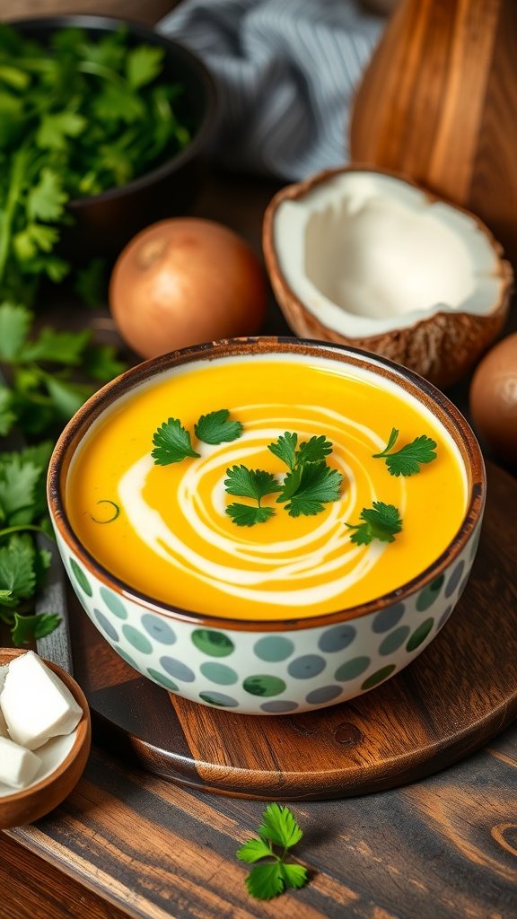 A bowl of vegan potato leek soup garnished with cilantro, surrounded by ingredients like coconut milk and potatoes.